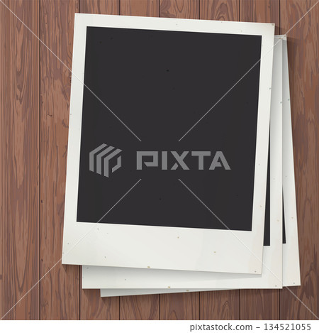 Blank old instant photograph vertical frames superimposed on cut timber panels mocha mousse tone square background graphic illustration. Blank old instant photograph vertical frames superimposed on cut timber panels mocha mousse tone square background graphic illustration. 134521055