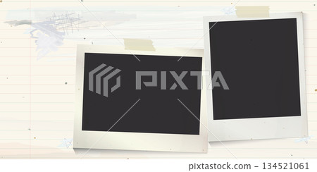 Both of blank old instant photograph stick on used old notebook paper horizontall background with stained effect graphic illustration. 134521061