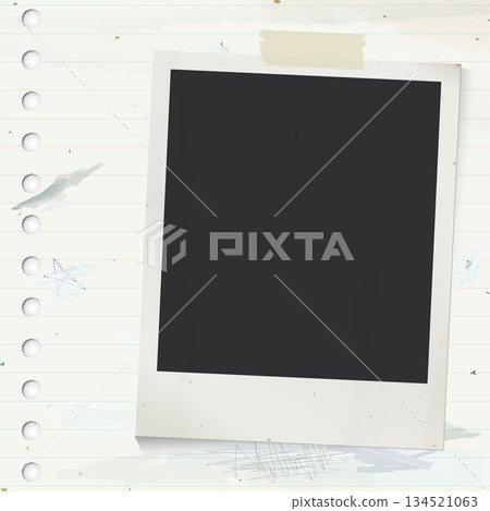 Blank old instant photograph stick on used old notebook paper square background with stained effect graphic illustration. Blank old instant photograph stick on used old notebook paper square background with stained effect graphic illustration. 134521063