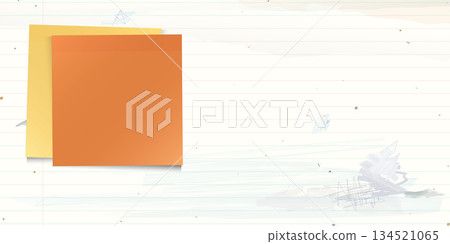 Blank both of sticky notes paper square shape stick on used old notebook paper horizontalo background with stained effect graphic illustration have blank space. Blank both of sticky notes paper square shape stick on used old notebook paper horizontalo background with stained effect graphic illustration have blank space. 134521065