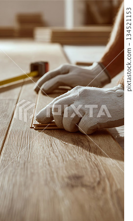 Installing New Laminate Flooring With Protective Gloves CloseUp View 134521153