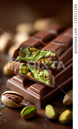 Milk Chocolate Pistachio Bar with Green Filling and Pistachios 134521168