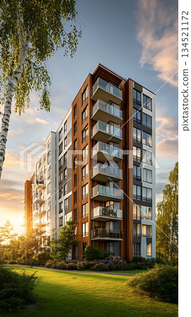 Modern Apartment Building with Balconies and Lush Landscaping at Sunset Modern Apartment Building with Balconies and Lush Landscaping at Sunset 134521172