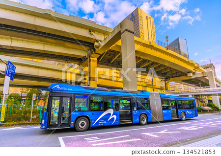 日本橫濱市景。橫濱灣藍號列車（已停駛）從橫濱站東出口（中心）駛出。 134521853