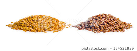 Golden and brown linseed or flaxseed. Healthy flax seed isolated on white background. 134521959