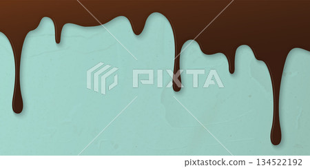 Melted chocolate flows onto green mint cream cake surface horizontal background graphic illustration have blank space. Melted chocolate flows onto green mint cream cake surface horizontal background graphic illustration have blank space. 134522192