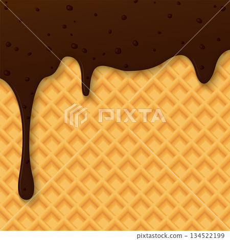 Melted chocolate chunk ice cream drop onto ice cream cone pattern yellow brown colors square background graphic illustration have blank space. 134522199
