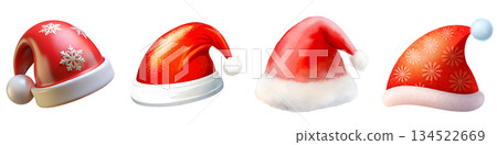 Set of illustrations of Christmas Santa hats on a transparent background, PNG image 134522669