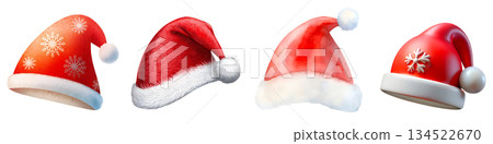Set of illustrations of Christmas Santa hats on a transparent background, PNG image 134522670
