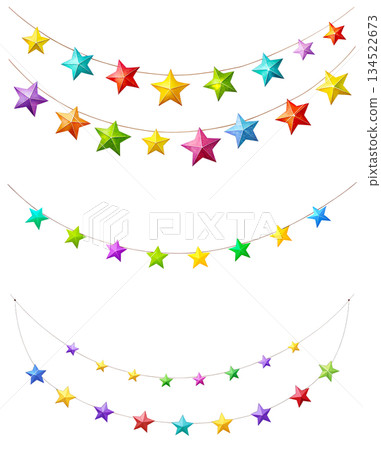 Illustrations of multi-colored holiday stars on a rope on a transparent background, set of illustrations of multi-colored stars on a rope, PNG image 134522673