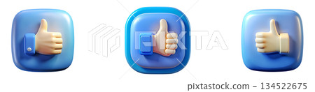 Set of 3D thumbs up icons, set of thumbs up icons on a transparent background, PNG image 134522675