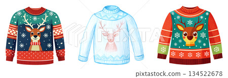A set of illustrations of Christmas sweaters with reindeer on a transparent background, PNG image 134522678