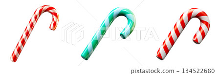 A set of 3D illustrations of Christmas candy canes in different colors on a transparent background, PNG image 134522680