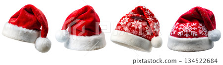Set of Christmas Santa hats on transparent background, PNG image 134522684