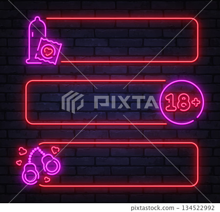 Neon vector horizontal frames set with adult symbols, 18 plus sign, and romantic icons. Perfect for menus, price lists, and club information boards. Neon vector horizontal frames set with adult symbols, 18 plus sign, and romantic icons. Perfect for menus, price lists, and club information boards. 134522992
