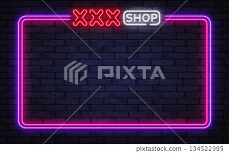 Eye catching neon vector frame with XXX shop sign and glowing border. Great for adult retail promotion, night street signs, and edgy design projects. 134522995