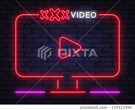 Neon vector frame with XXX video sign and play button icon. Perfect for adult media platforms, streaming visuals, and bold digital banners. 134522996