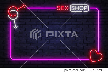 Bold neon vector frame with sex shop lettering and playful arrow symbol. Designed for adult store branding, window signage, and modern erotic layouts. Bold neon vector frame with sex shop lettering and playful arrow symbol. Designed for adult store branding, window signage, and modern erotic layouts. 134522998