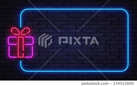 Bright neon vector frame with gift box symbol and glowing ribbon. Perfect for holiday offers, special deals, and celebration themed layouts. 134523000