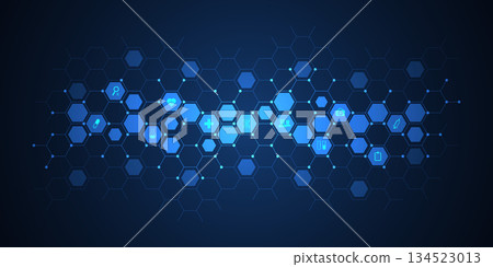 Healthcare and technology concept with flat icons and symbols. Template design for health care business, innovation medicine, pharmaceutical industry, science, medical research. 134523013