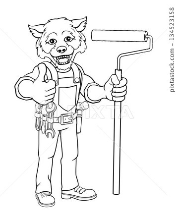 Wolf Painter Decorator Paint Roller Mascot Man 134523158