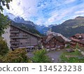 Swiss Alps and mountain hut scenery 134523238