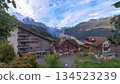Swiss Alps and mountain hut scenery 134523239