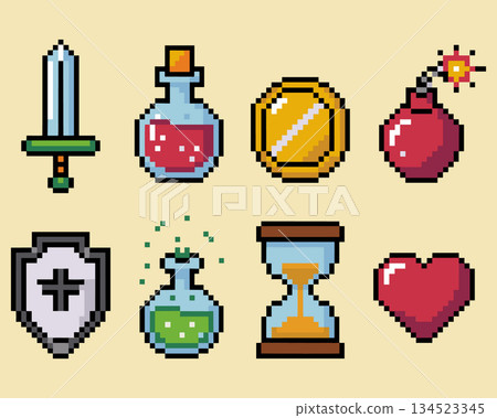 Pixel art rpg game items with sword and potion. Retro 8bit adventure icon vector illustration Pixel art rpg game items with sword and potion. Retro 8bit adventure icon vector illustration 134523345
