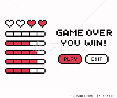 Game over and you win pixel art screen. Retro 8bit video game interface vector illustration Game over and you win pixel art screen. Retro 8bit video game interface vector illustration 134523348