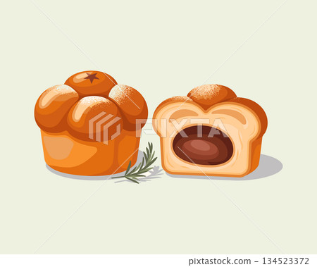 Sweet bun filled with chocolate cream. Baked bakery dessert food vector illustration 134523372