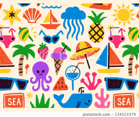 Summer vacation seamless pattern background. Colorful travel and beach elements vector texture Summer vacation seamless pattern background. Colorful travel and beach elements vector texture 134523379