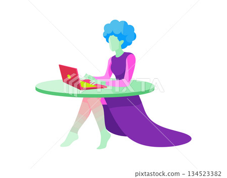 Woman working on laptop at table. Freelancer or student girl character vector illustration Woman working on laptop at table. Freelancer or student girl character vector illustration 134523382