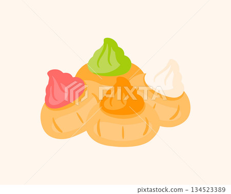 Sweet cream puffs with colorful topping. Baked pastry dessert food vector illustration Sweet cream puffs with colorful topping. Baked pastry dessert food vector illustration 134523389