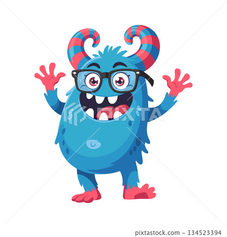 Cute blue furry monster wearing glasses waving hands. Funny cartoon alien mascot vector illustration Cute blue furry monster wearing glasses waving hands. Funny cartoon alien mascot vector illustration 134523394