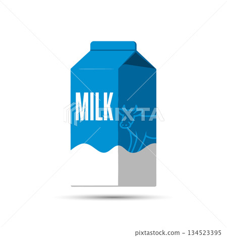 Blue milk carton box with cow illustration. Fresh dairy drink packaging vector icon 134523395