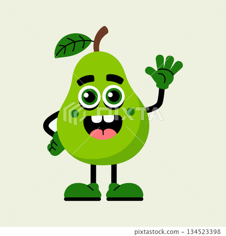 Cute green pear character waving hand. Happy fruit mascot greeting vector illustration Cute green pear character waving hand. Happy fruit mascot greeting vector illustration 134523398