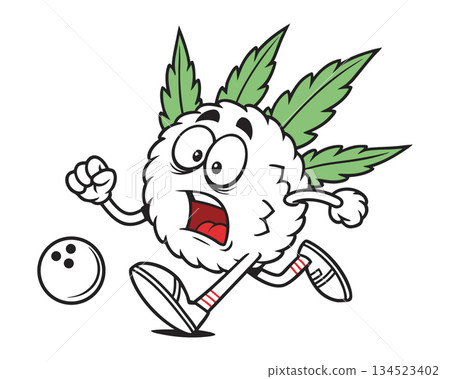 Scared cannabis bud character running from bowling ball. Funny weed mascot vector illustration Scared cannabis bud character running from bowling ball. Funny weed mascot vector illustration 134523402