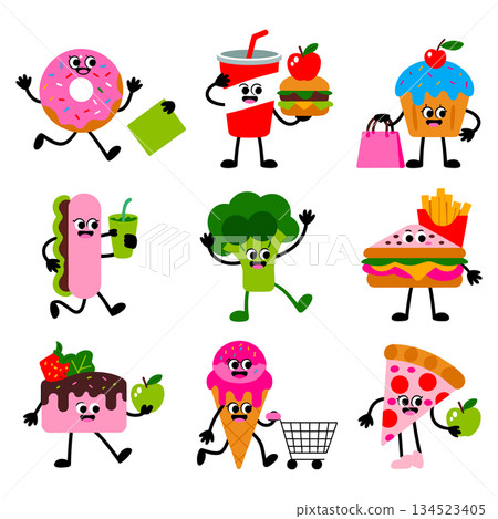 Funny fast food characters walking set. Junk food mascot collection vector illustration 134523405