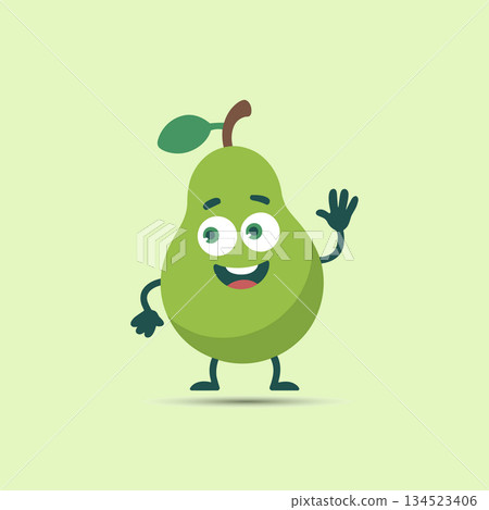 Cute green pear fruit character waving hand. Happy healthy food mascot vector illustration 134523406