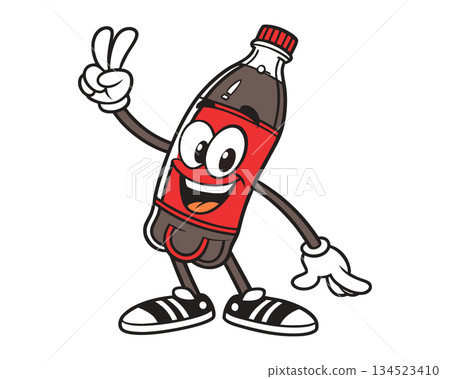 Red soda bottle character showing peace sign. Carbonated drink mascot vector illustration 134523410