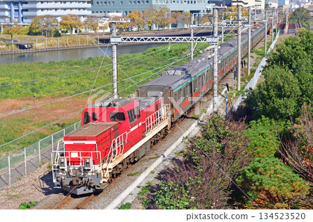 Tokaido Main Line, Higashi-Takashima-Sakuragicho, JR Freight DD200-901 (Aichi) + Tokyu 5000 series 5102 train 134523520