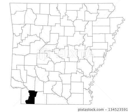 Map of Lafayette County in Arkansas state on white background. Single county map highlighted by black colour on Arkansas map. UNITED STATES, US Map of Lafayette County in Arkansas state on white background. Single county map highlighted by black colour on Arkansas map. UNITED STATES, US 134523591