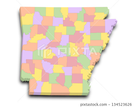 Arkansas map in 3D and his counties highlighted by different colours 134523626