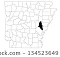 Map of Monroe County in Arkansas state on white background. Single county map highlighted by black colour on Arkansas map. UNITED STATES, US 134523649