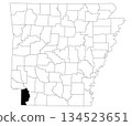 Map of Miller County in Arkansas state on white background. Single county map highlighted by black colour on Arkansas map. UNITED STATES, US 134523651