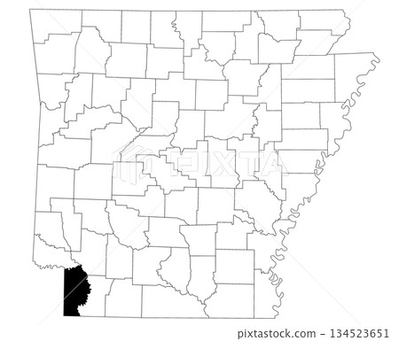 Map of Miller County in Arkansas state on white background. Single county map highlighted by black colour on Arkansas map. UNITED STATES, US Map of Miller County in Arkansas state on white background. Single county map highlighted by black colour on Arkansas map. UNITED STATES, US 134523651