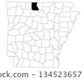 Map of Marion County in Arkansas state on white background. Single county map highlighted by black colour on Arkansas map. UNITED STATES, US 134523657