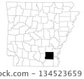 Map of drew County in Arkansas state on white background. Single county map highlighted by black colour on Arkansas map. UNITED STATES, US 134523659