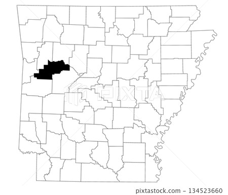 Map of Logan County in Arkansas state on white background. Single county map highlighted by black colour on Arkansas map. UNITED STATES, US 134523660