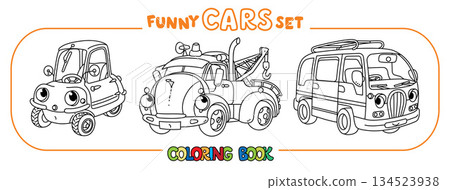 Funny vintage cars with eyes. Coloring book set Funny vintage cars with eyes. Coloring book set 134523938